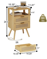 Veegle Rattan Nightstand with Charging Station,Modern Bedside Table with 2 Storage Drawer and Open Wood Shelf, for Bedroom and Small Spaces,Night Stand with Solid Wood Legs (Yellow Oak) Veegle