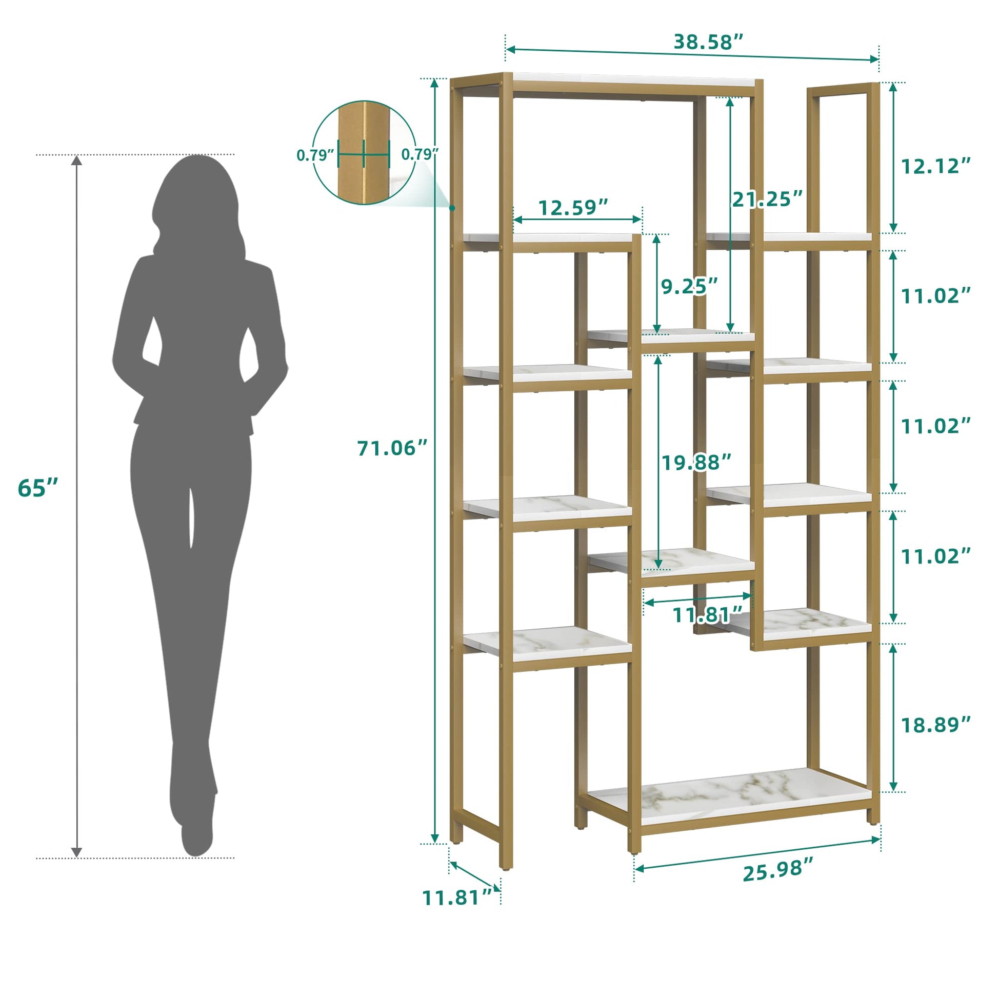 YITAHOME 6-Tier Gold & Marble Bookshelf - 71” Tall Free Standing Bookcase with 12 Open Storage Areas for Living Room, Bedroom & Office - WoodArtSupply