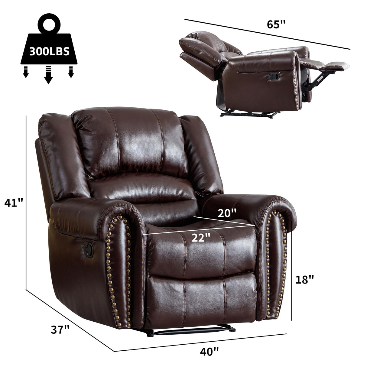 CANMOV Leather Recliner Chair, Classic and Traditional Manual Recliner Chair with Comfortable Arms and Back Single Sofa for Living Room, Brown CANMOV