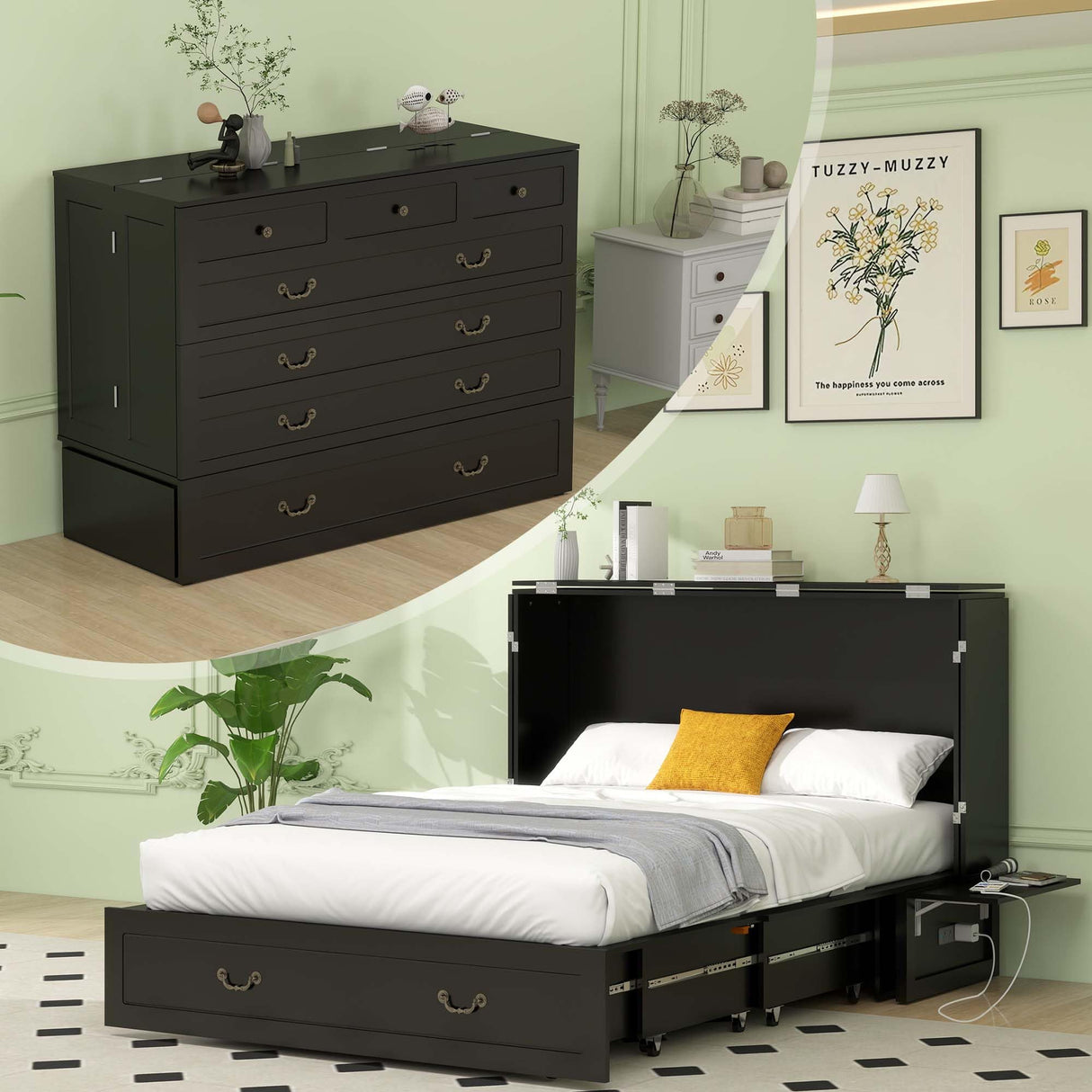 TemkTuek Queen Size Murphy Bed Cabinet with Drawers Storage & USB Charging Station, Space-Saving Hideaway Bed for Guest Room & Small Bedroom 84" L x 60" W x 44" H Black-7(NOT Included Mattress) TemkTuek