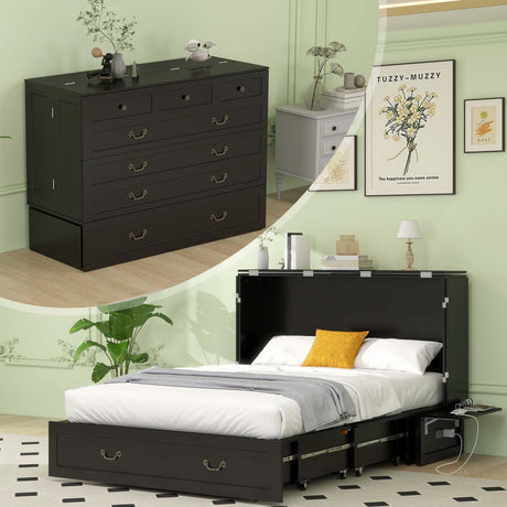 TemkTuek Queen Size Murphy Bed Cabinet with Drawers Storage & USB Charging Station, Space-Saving Hideaway Bed for Guest Room & Small Bedroom 84" L x 60" W x 44" H Black-7(NOT Included Mattress) TemkTuek