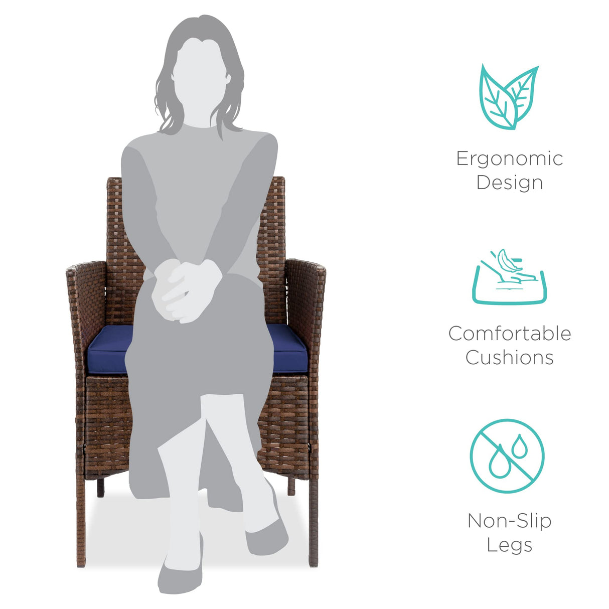 Best Choice Products 3-Piece Outdoor Wicker Conversation Bistro Set, Space Saving Patio Furniture for Garden w/Side Table - Brown/Navy Best Choice Products