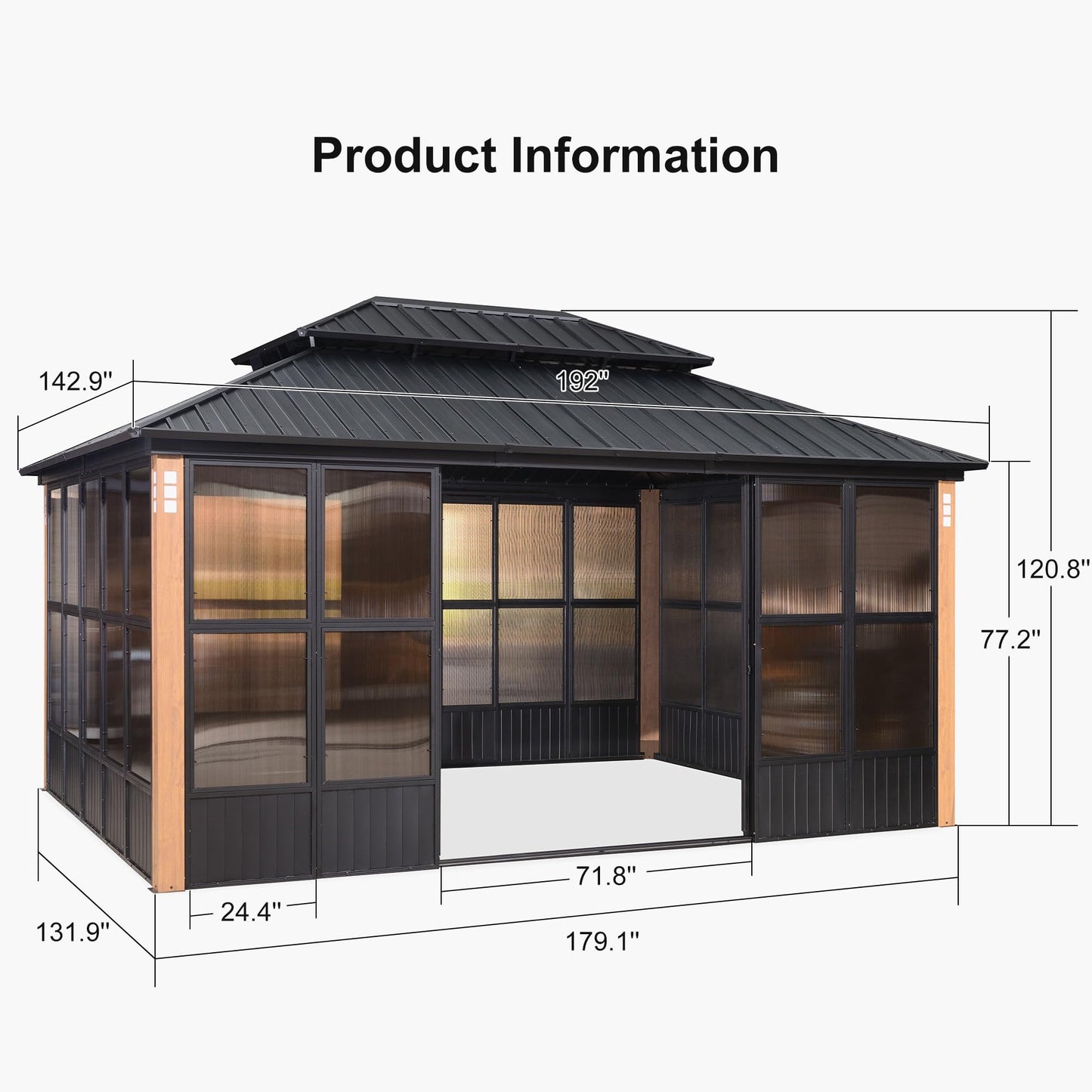 PURPLE LEAF 12' X 16' Sunroom Patio Hardtop Gazebo Double Top Galvanized Steel Roof Outdoor Screen House Aluminum Solarium Backyard Sun Room - WoodArtSupply