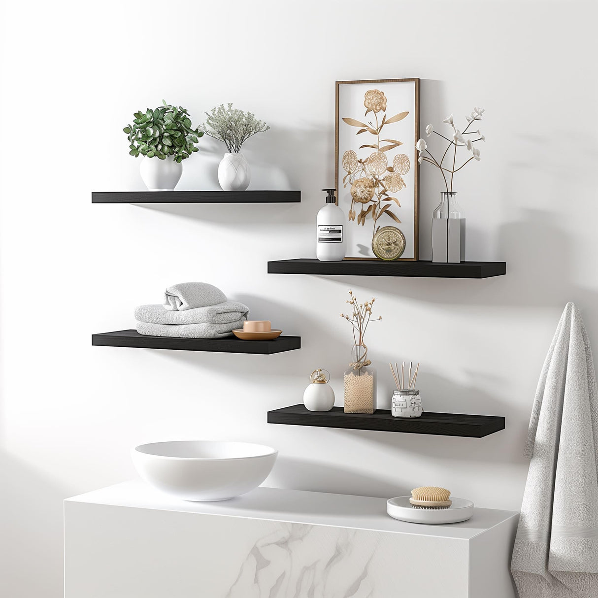 YYWUOJJ Wood Floating Shelves for Wall, Rustic Wall Shelves for Bedroom, Wall Mounted Floating Shelf, Set of 6 Black YYWUOJJ