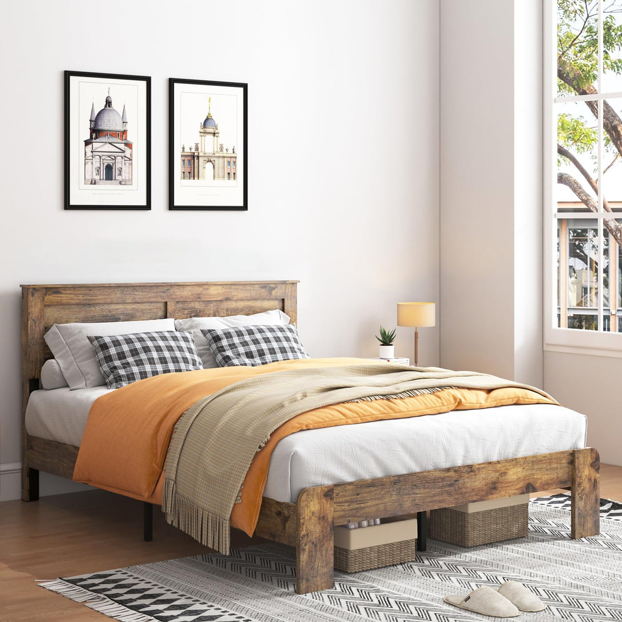 YHJIV Wood King Bed Frame with Headboard, Rustic Farmhouse Platform Bed Frame with 12 Wood Slats Support, No Box Spring Needed, Easy Assembly (Vintage Brown, King) YHJIV