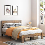YHJIV Wood King Bed Frame with Headboard, Rustic Farmhouse Platform Bed Frame with 12 Wood Slats Support, No Box Spring Needed, Easy Assembly (Vintage Brown, King) YHJIV