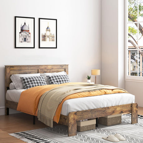 YHJIV Wood King Bed Frame with Headboard, Rustic Farmhouse Platform Bed Frame with 12 Wood Slats Support, No Box Spring Needed, Easy Assembly (Vintage Brown, King) YHJIV