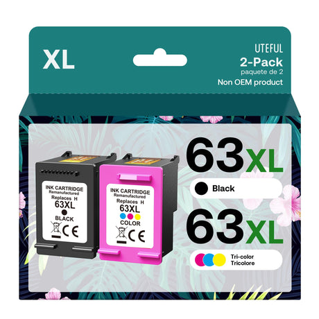 UTEFUL Remanufactured Ink Cartridges Replacement for HP Ink 63 63XL Compatible with OfficeJet 3830 4650 4655 5255 5258 5200 Envy 4510 4520 DeskJet 1110 3630 Printer (1 Black,1 Tri-Color) UTEFUL