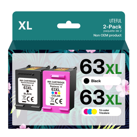 UTEFUL Remanufactured Ink Cartridges Replacement for HP Ink 63 63XL Compatible with OfficeJet 3830 4650 4655 5255 5258 5200 Envy 4510 4520 DeskJet 1110 3630 Printer (1 Black,1 Tri-Color)