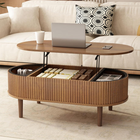 Ludatido 39 Inch Lift Top Coffee Table with 3 Storage for Living Room, Oval Coffee Table with Hidden Compartment, Fully Wooden Center Easy to Assembled for Home Living Room Office Brown Ludatido