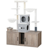HOOBRO Cat Tree with 47.2" Dual Litter Box Enclosure, 63.4" Tall Multi-Functional Tower for Cats, Hidden Litter Box Enclosure Furniture, with Feeding Bowls, Scratching Posts, Hammocks, Greige BG23MZ03 HOOBRO