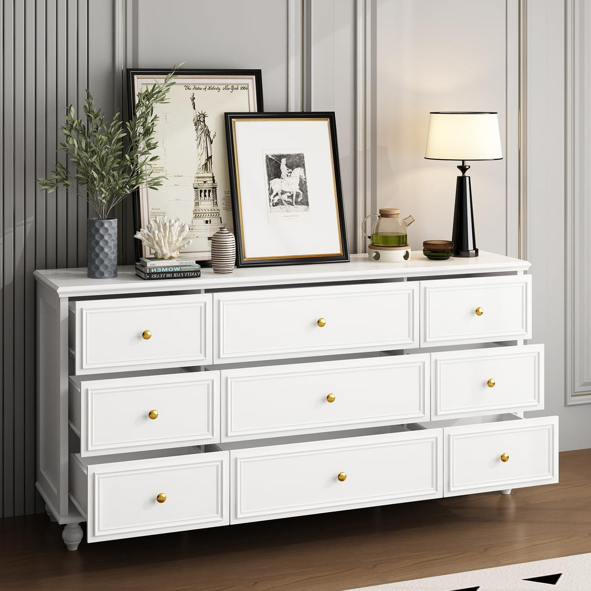FUNISIR White Dresser 9 Drawer Dresser, Wood Bedroom Dresser, Chest of Drawers for Nursery Storage, Drawer Organizer with Easy Pull Handle for Living Room, Closet, Hallway FUNISIR