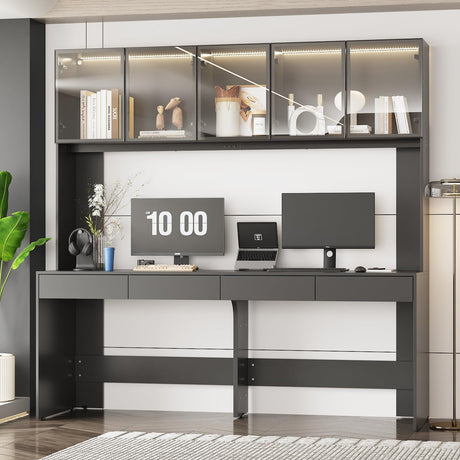 Homsee 2-in-1 Black Computer Desk with Tall Bookshelf, LED Lights & Ample Storage for Home Office Homsee