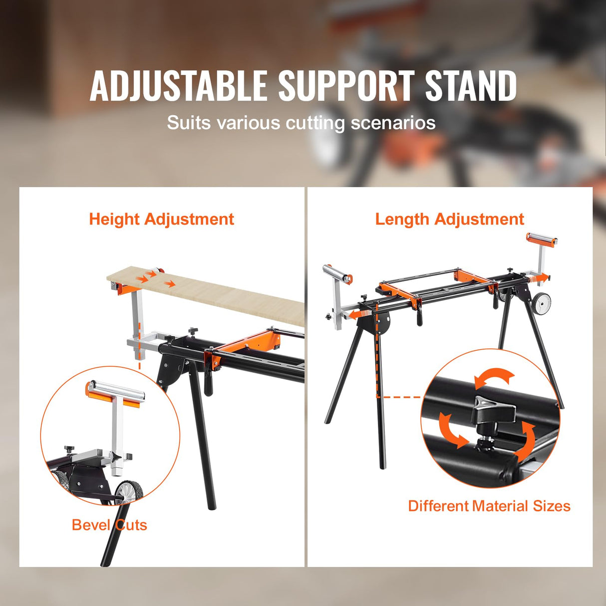 VEVOR Miter Saw Stand, 93in Collapsible Miter Saw Stand with Integral Mounting Bracket Clamp, Height and Length Adjustable, 500lbs Load Capacity with Wheels Portable Compact Folding Miter Saw Stand VEVOR