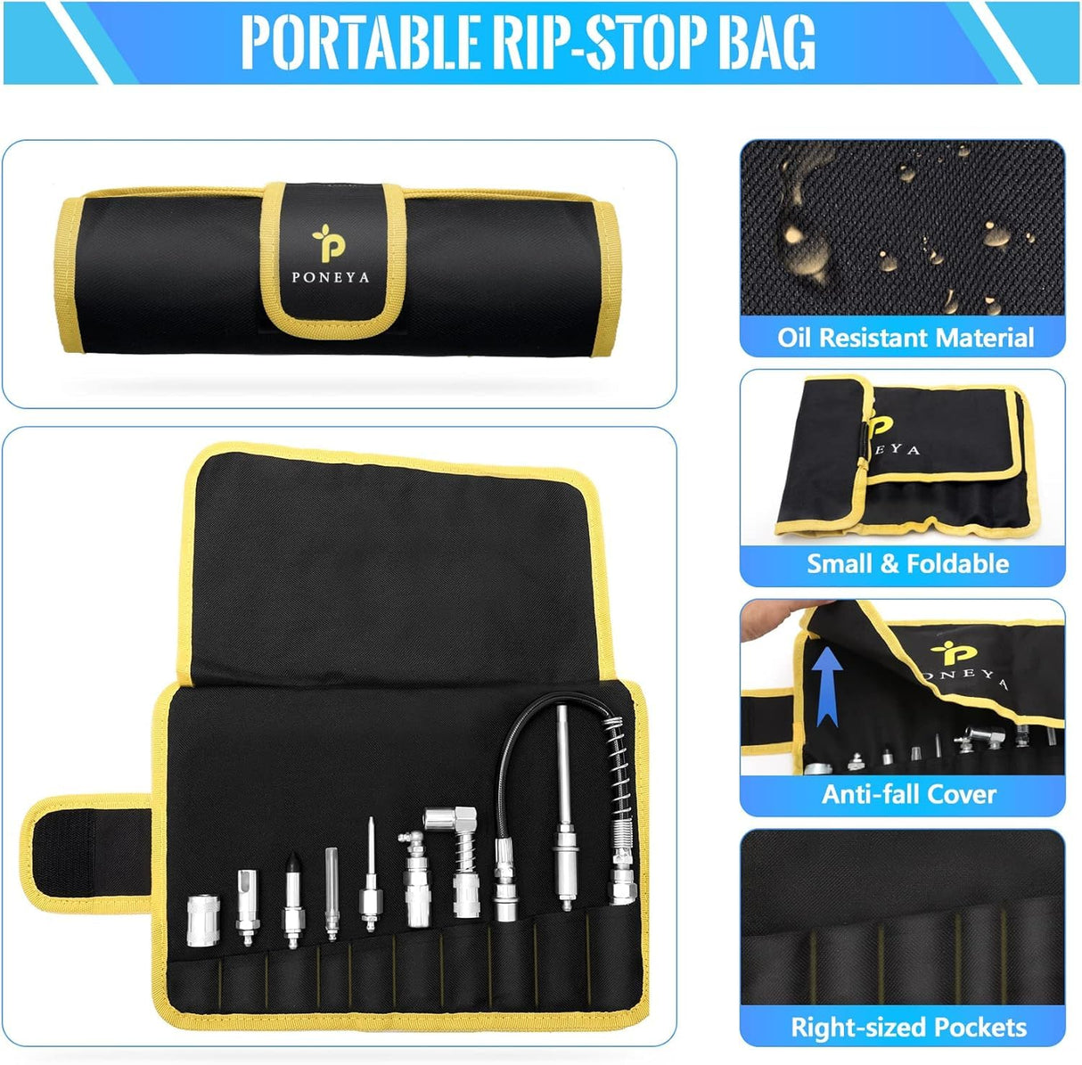 PONEYA 9 PCS Grease Gun Couplers, Quick Connect Greasing Accessory Kit with Grease Gun Tips 12" Flex Hose & Roll Up Case, Perfect for Quick Release Grease Couplers to Reach Any Grease Fitting PONEYA