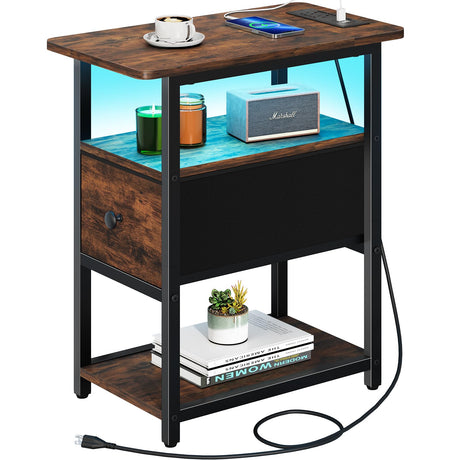 Yoobure End Table with Charging Station, Narrow Side Table with Adjustable Fabric Drawer, 3-Tier End Tables Living Room, Small Nightstand with Outlets, LED Skinny Night Stand for Bedroom Small Spaces Yoobure