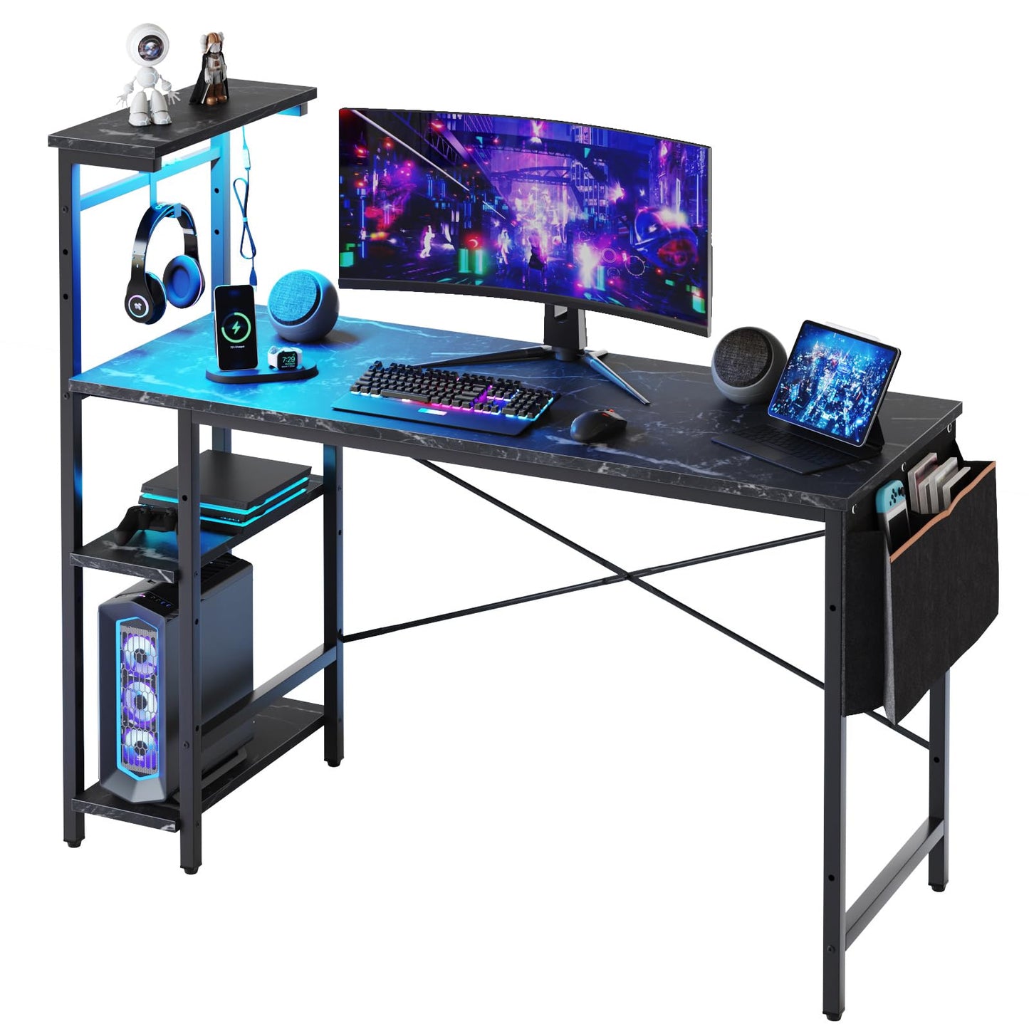 Bestier Gaming Desk with LED Lights, 51.3 Inch Computer Desk with 4 Tiers Reversible Shelves, Gamer Desk with Side Storage Bag, Hooks and Height Adjustable Shelf (Black Marble) - WoodArtSupply