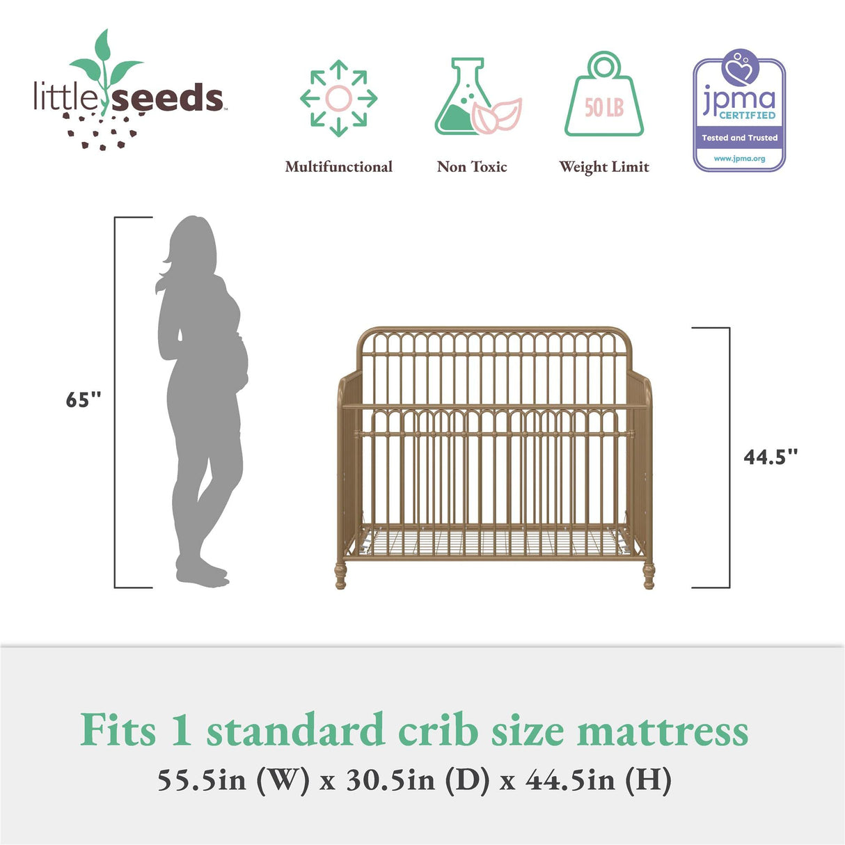 Little Seeds Ivy 3-in-1 Convertible Metal Crib, JMPA Certified, Gold Little Seeds