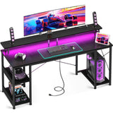 ODK 63 inch Computer Desk with Power Outlets & LED Lights, Gaming Desk with Monitor Stand & Storage Sheves, Home Office Desk, Black ODK