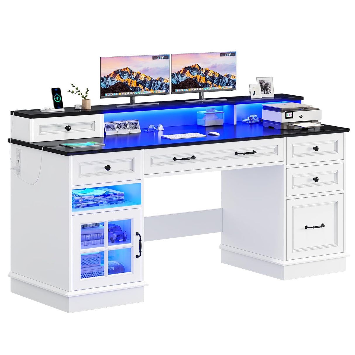 BTHFST Executive Desk with File Drawer, Computer Desk with Monitor Stand, Home Office Desk with Drawers & Storage Cabinet, Writing Desk with Charging Station & LED Lights, White BTHFST