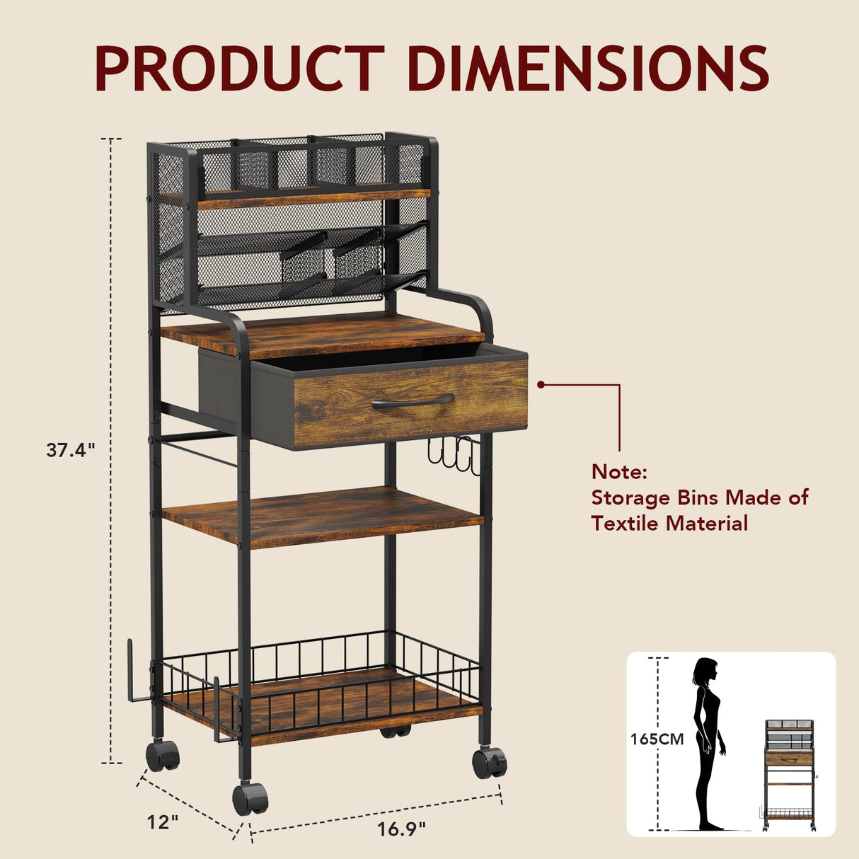 Homsorout Art cart, 3 Tier Rolling Cart - Utility Cart with Storage Drawer and Wheels, Versatile Art & Craft Organizer for Home, Office, or Studio Ideal for Storing Brushes, Paints （Brown） Homsorout
