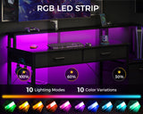 AODK 55-Inch Computer Desk with Power Outlets and LED Lights, Gaming Desk with 4 Fabric Drawers, Reversible Office Desk with Monitor Riser, Writing/Study Table for Home, Black AODK