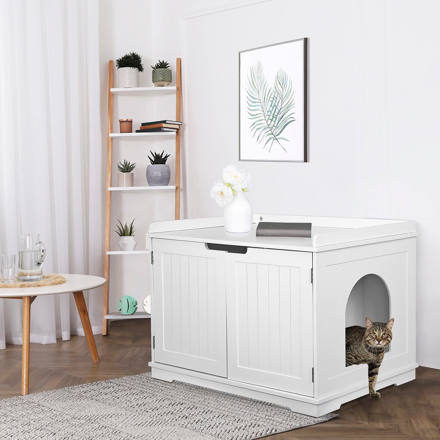 ZENY Cat Litter Box Enclosure, Cat Litter Box Furniture Hidden, Wooden Cat Litter Cabinet with Divider, Modern Cat Washroom Storage Bench，Fit Most of Litter Box, White - WoodArtSupply