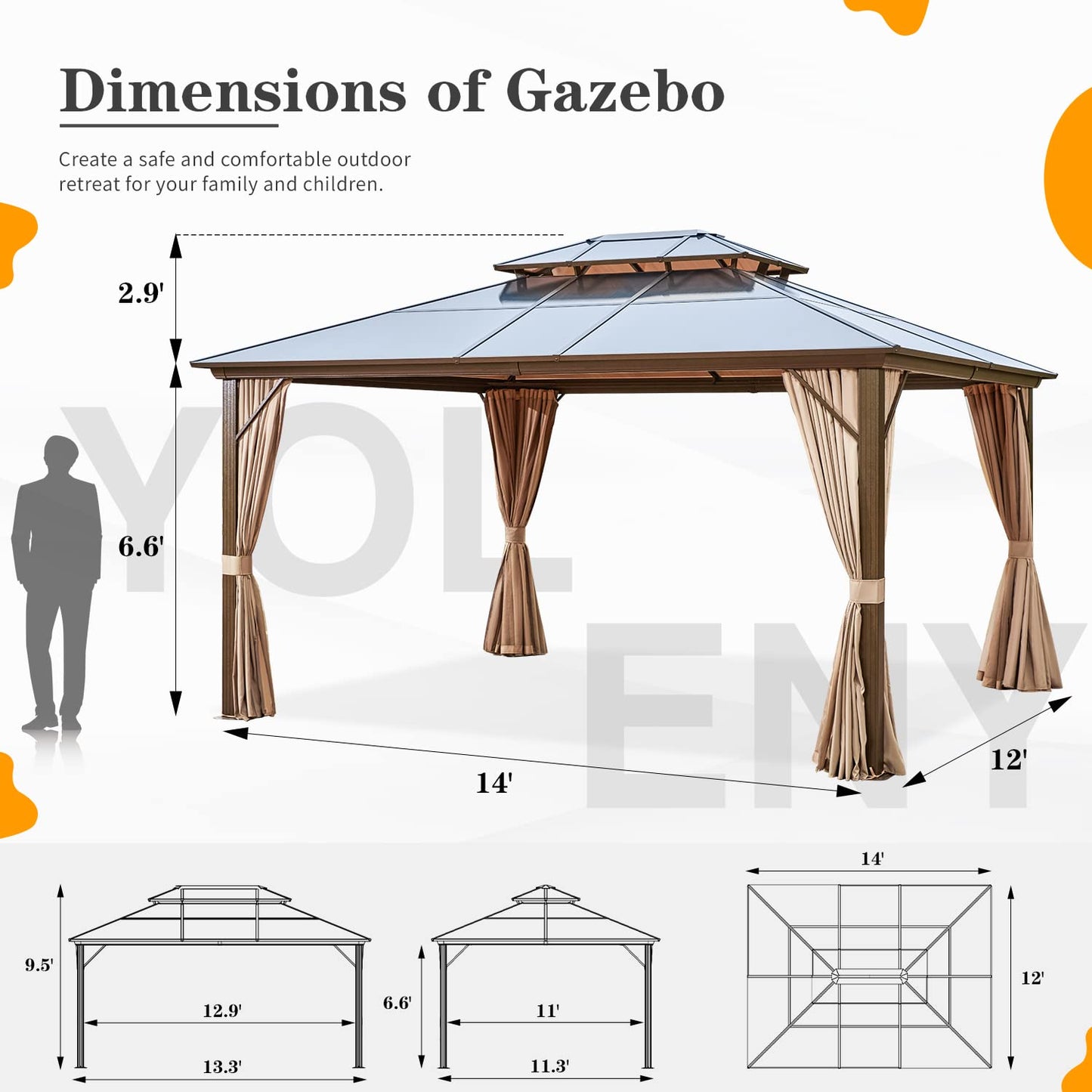 YOLENY 12'x14' Hardtop Gazebo, Outdoor Polycarbonate Double Roof Canopy, Aluminum Frame Permanent Pavilion with Curtains and Netting, Sunshade for Garden, Patio, Lawns