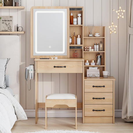 AMERLIFE Makeup Vanity Set with Lights & Sliding Mirror, Vanity Desk with 4 Drawers and Shelves, Small Vanity Dressing Table, 3 LED Lights Vanity Stool Set, Suitable for Teenagers, Natural Color AMERLIFE