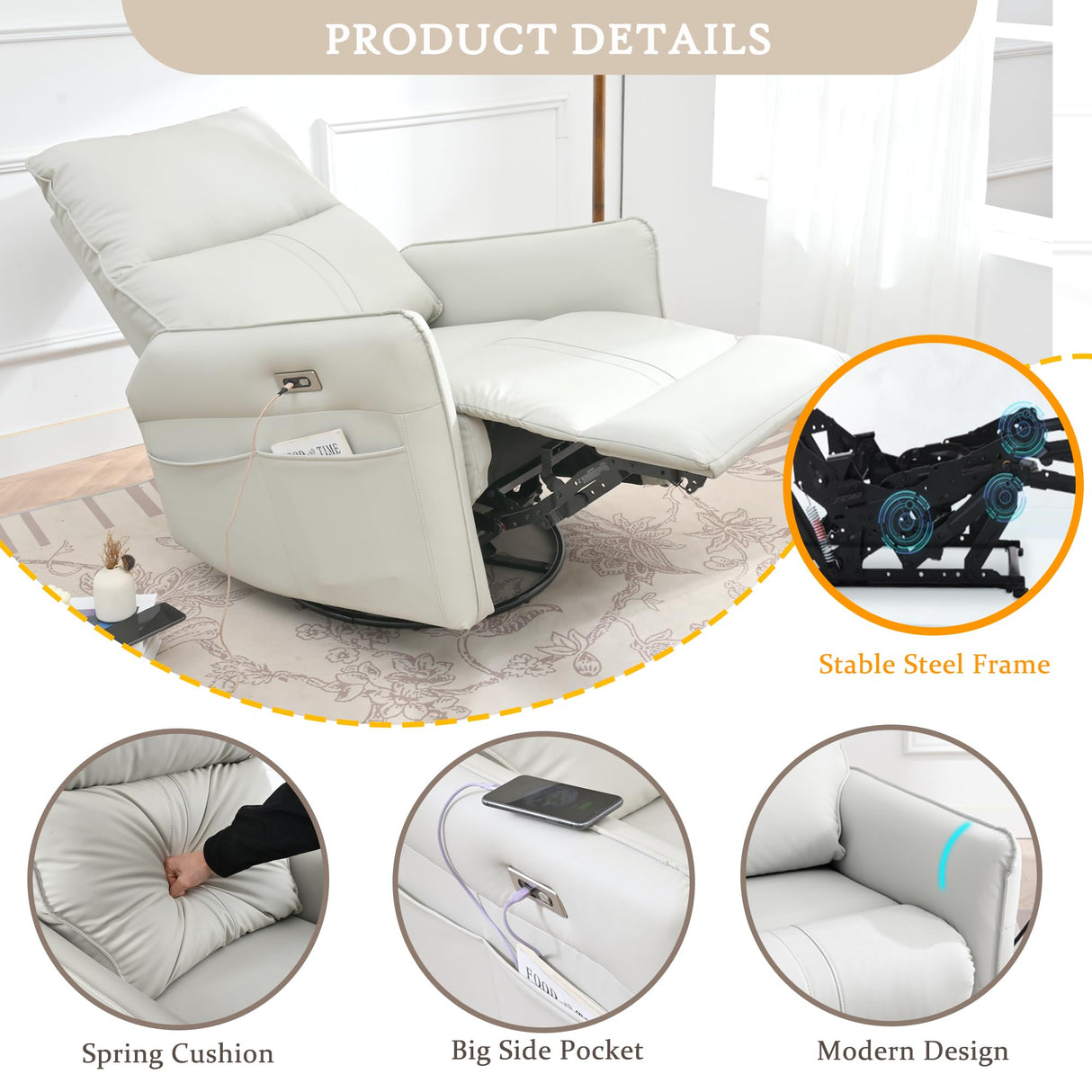 QKFF Power Swivel Rocker Recliner Chair for Nursery, Upholstered 270° Swivel Glider Rocker Chair with USB Ports, Small Power Recliners for Small Spaces Living Room (Light Grey) QKFF
