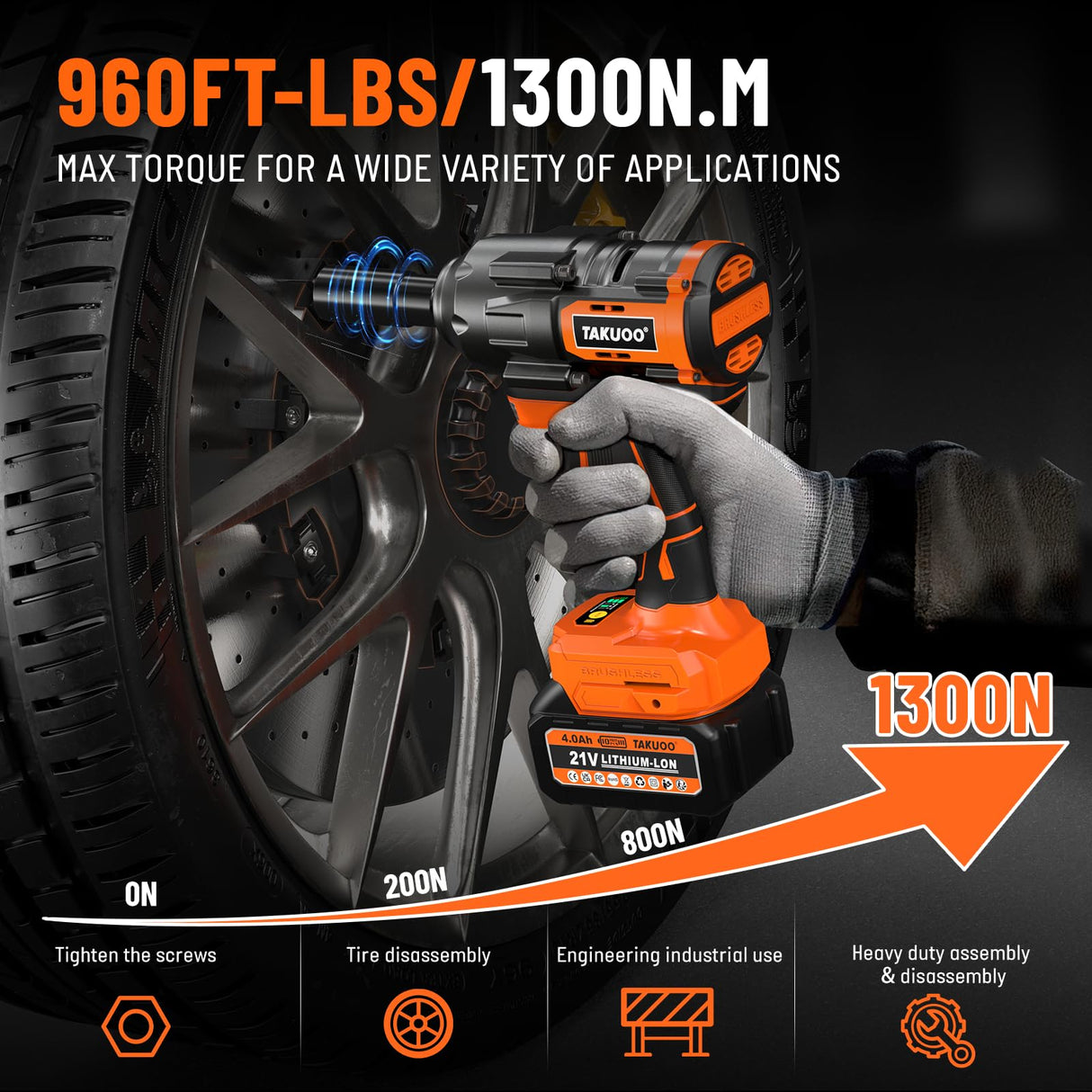 Takuoo 1300N.m(960Ft-lbs) Cordless Impact Wrench High Torque, 1/2" 21V Brushless Impact Gun w/2x 4.0AH Battery Fast Charger, Electric Power Impact Wrench for Truck RV Heavy-duty, 5 Sockets, Tool Box Takuoo