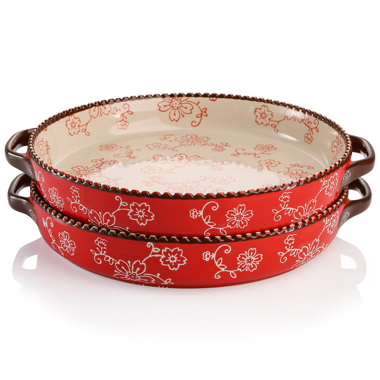 AVLA 2 Pack Ceramic Pie Pan, 9 Inch Round Baking Dish with Double Handle, 28 Ounce Deep Quiche Plate for Kitchen, Cooking, Roasting Lasagna (Sakura, Red) AVLA