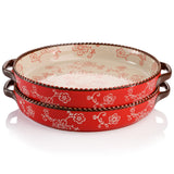 AVLA 2 Pack Ceramic Pie Pan, 9 Inch Round Baking Dish with Double Handle, 28 Ounce Deep Quiche Plate for Kitchen, Cooking, Roasting Lasagna (Sakura, Red) AVLA