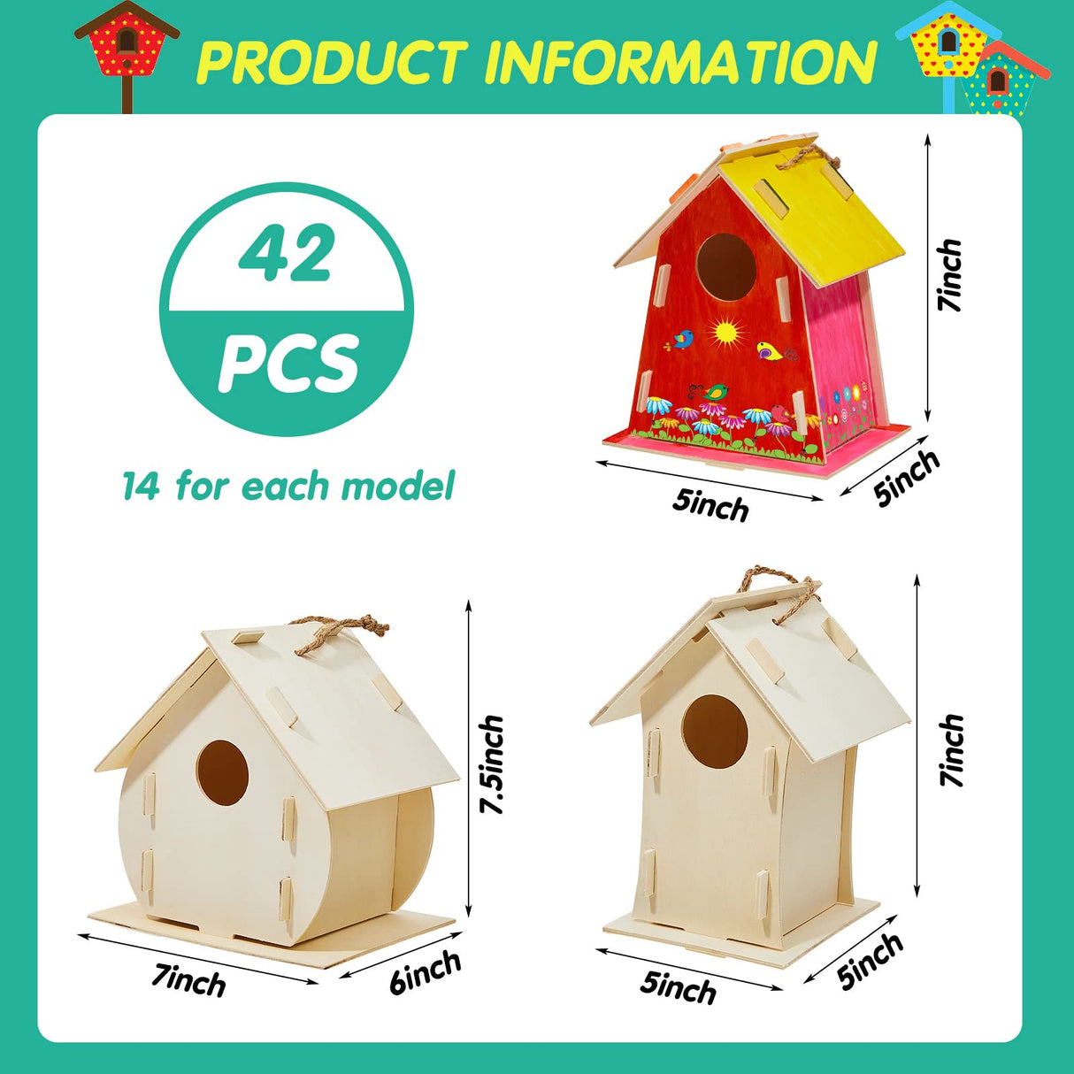 42 Sets DIY Birdhouse Kit to Build and Paint, Include Unfinished Wooden Bird House, Strips and Colorful Painting Pens for Fun Craft Activity Creative DIY Art Project Deekin