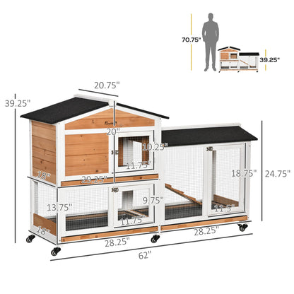 PawHut 62" Rabbit Hutch, Wooden Bunny Hutch, Guinea Pig Cage, Small Animal Enclosure with Wheels, Run Area, Removable Tray, Asphalt Roof, Lockable Doors and Ramp, Nature Wood - WoodArtSupply