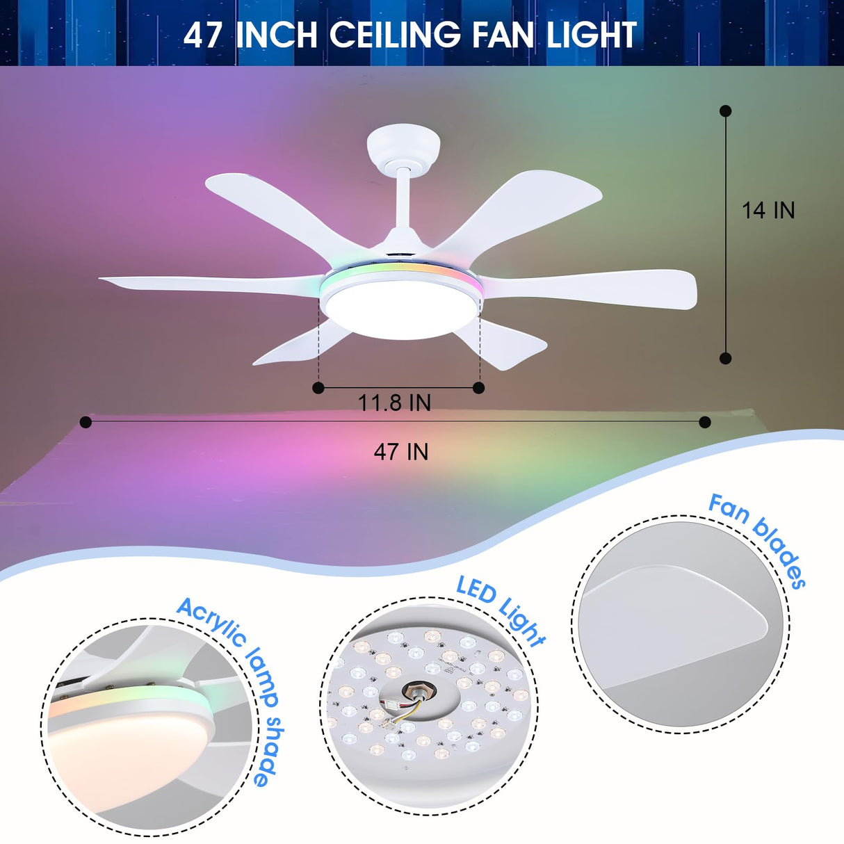 Surtime Ceiling Fans with Lights-47 Low Profile Ceiling Fan with 7-Color RGB Light and Remote/APP Control,Flush Mount,DC Reversible,LED Dimmable White Ceiling Fans for Bedroom,Indoor/Outdoor Patio Surtime