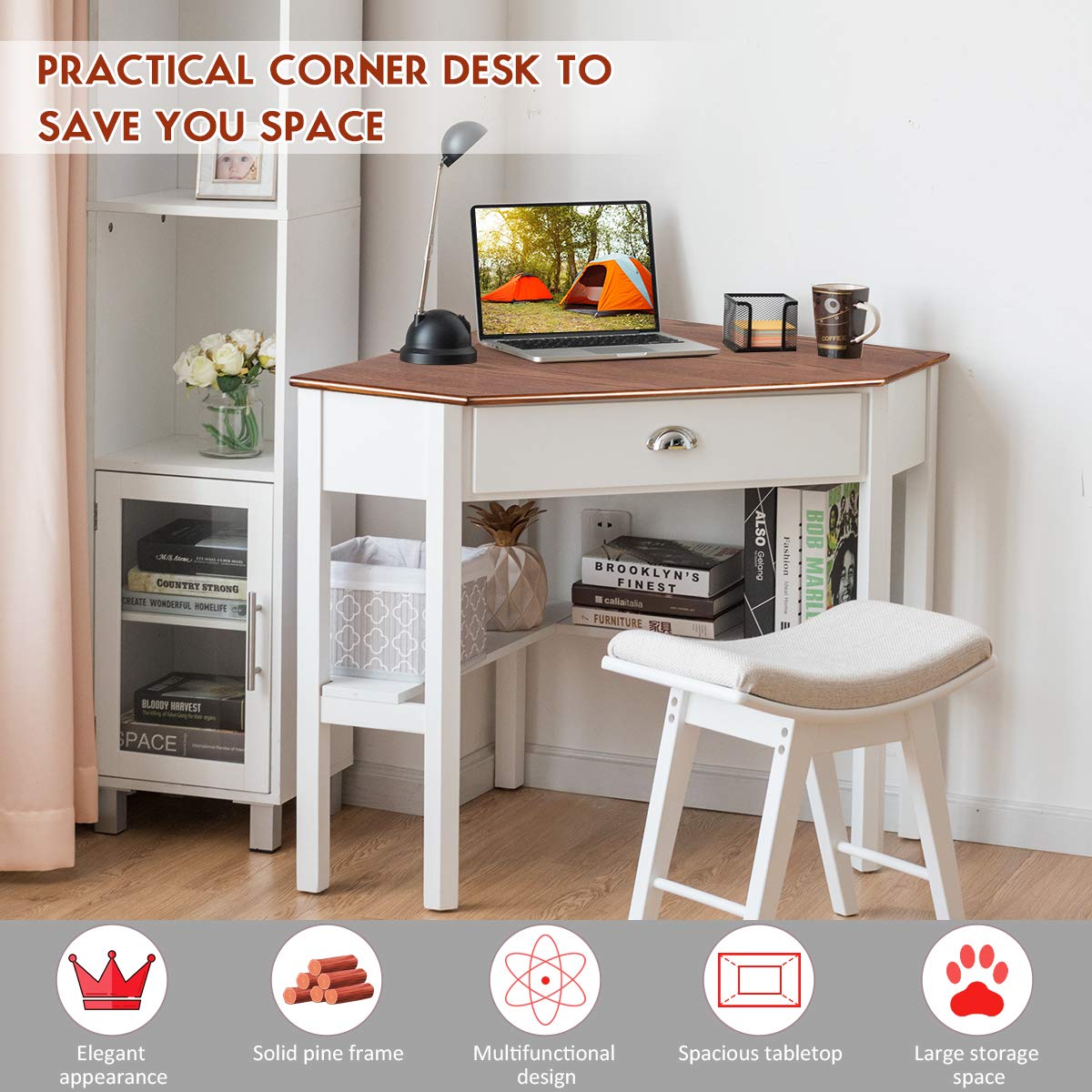 Tangkula Corner Desk, Corner Computer Desk with Drawer for Small Space, Small Corner Makeup Vanity Desk, 90 Degrees Triangle Corner Desk with Storage Shelves (Natural & White) Tangkula