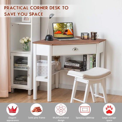 Tangkula Corner Desk, Corner Computer Desk with Drawer for Small Space, Small Corner Makeup Vanity Desk, 90 Degrees Triangle Corner Desk with Storage Shelves (Natural & White) - WoodArtSupply