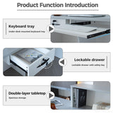 Huariifowm L Shape Reception Desk with Counter, Lockable Drawer, Keyboard Tray, and Double-Layer Storage for Salon, Office, or Clinic(White+Gray/Left, 63" L*24" W*39" H) Huariifowm