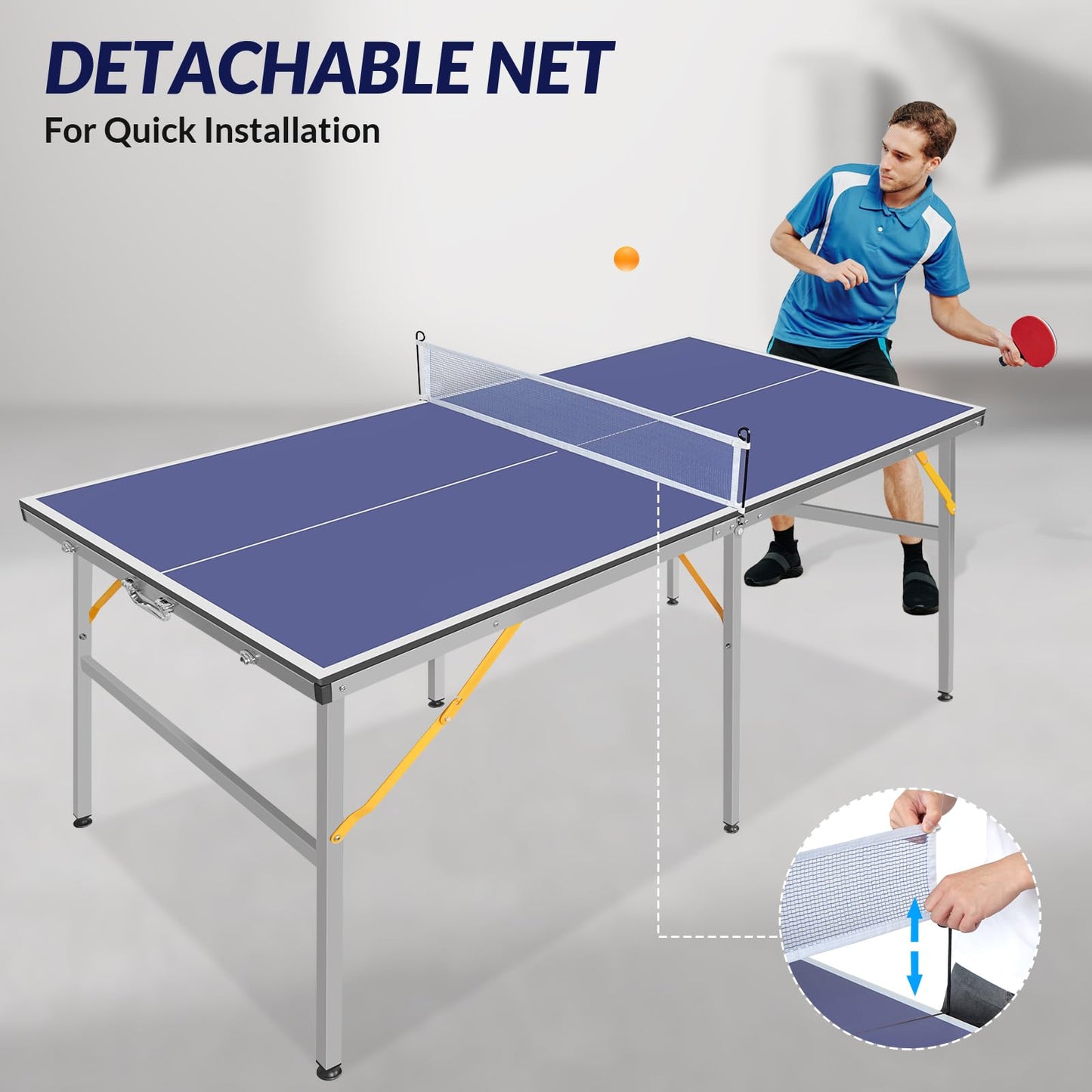 Zevemomo Portable Table Tennis Table, 6FT Mid-Size Foldable Ping Pong Game Set for Indoor/Outdoor, Ping Pong Table Top with Net, 2 Paddles and 3 Balls, Table Tennis Set 10 Minute Quick & Easy Assembly