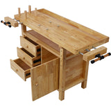 Montary 50-Inch Wood Workbench - Rubber Wooden Heavy Duty Work Bench with 3 Drawers 1 Cabinet Door and Shelf Integrated Vises for Garage Workshop, Woodworking and Home Montary