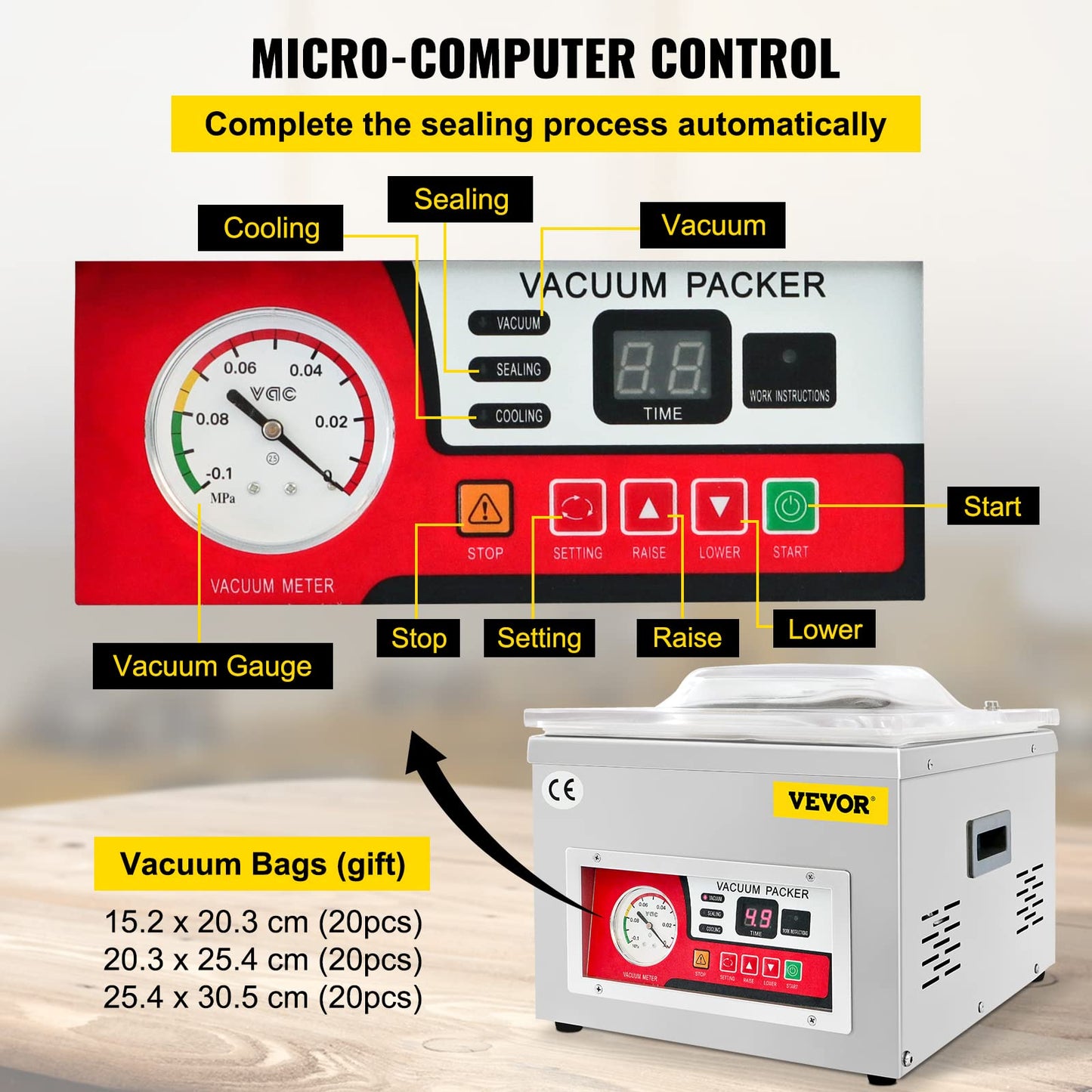 VEVOR Chamber Vacuum Sealer, DZ-260A 6.5 m³/h Pump Rate, Excellent Sealing Effect with Automatic Control, 110V Kitchen Packaging Machine for Fresh Meats, Fruit Saver, Home, Commercial Using - WoodArtSupply