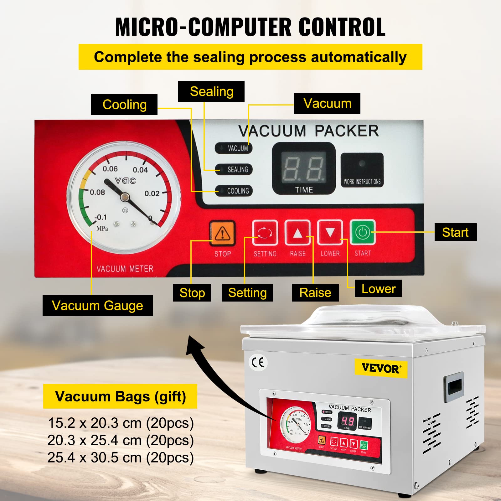 VEVOR Chamber Vacuum Sealer, DZ-260A 6.5 m³/h Pump Rate, Excellent Sealing Effect with Automatic Control, 110V Kitchen Packaging Machine for Fresh Meats, Fruit Saver, Home, Commercial Using - WoodArtSupply