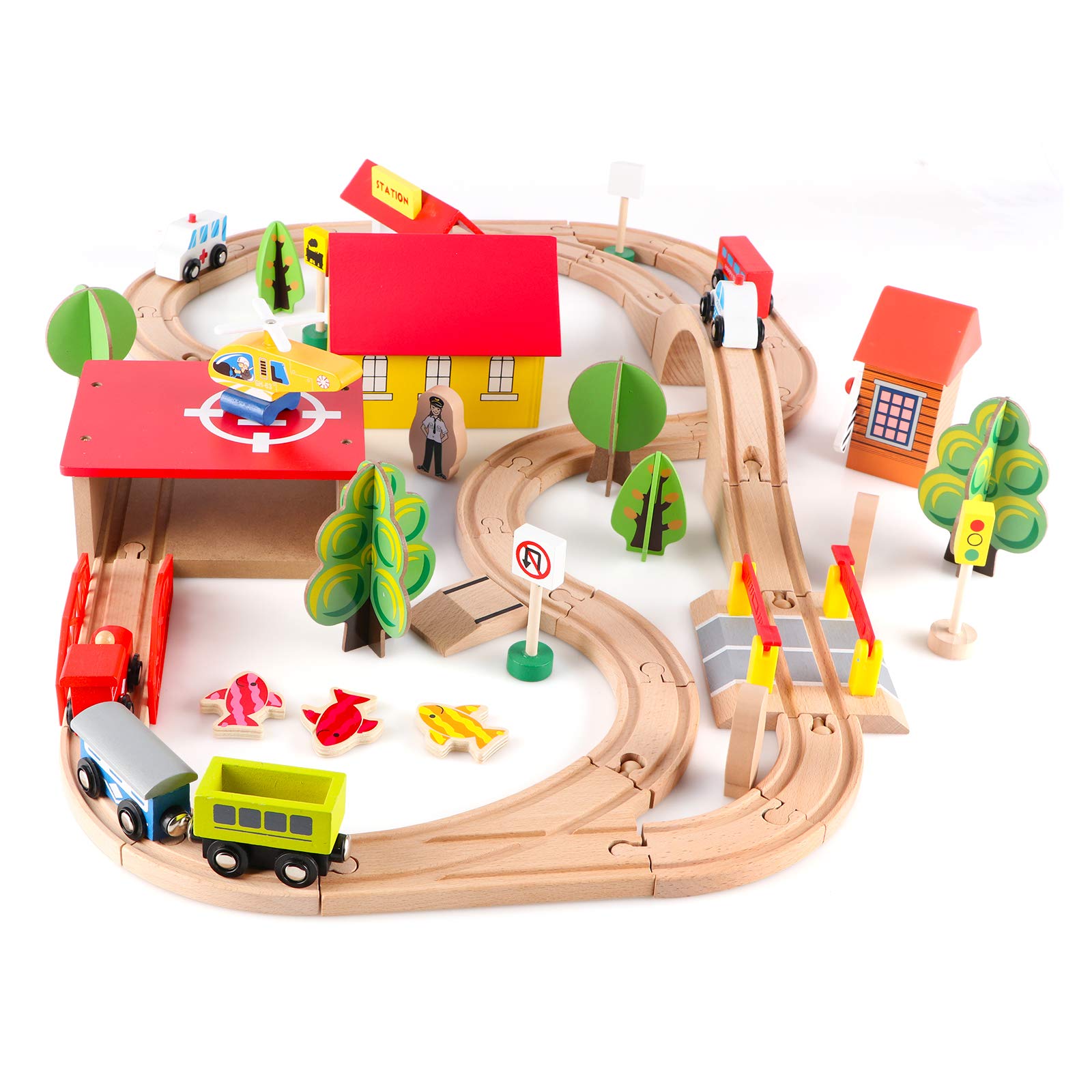 Qilay 69 PCS Wooden Train Set -Premium Wood Train Tracks & Trains Toys for Toddlers 3,4,5 Years Old, Expandable Train Toys Railway Kits for Girls - WoodArtSupply