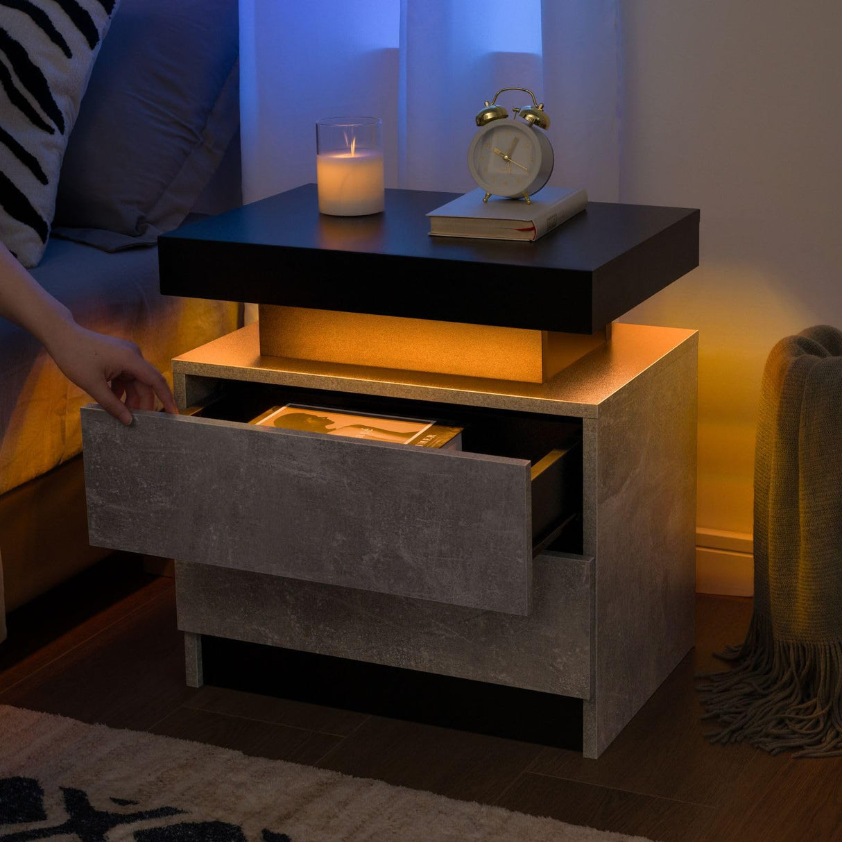 LED Nightstand Bedside Drawer Led Cabinet LED Lights Modern End Side Table with 2 Drawers for Bedroom Grey Generic