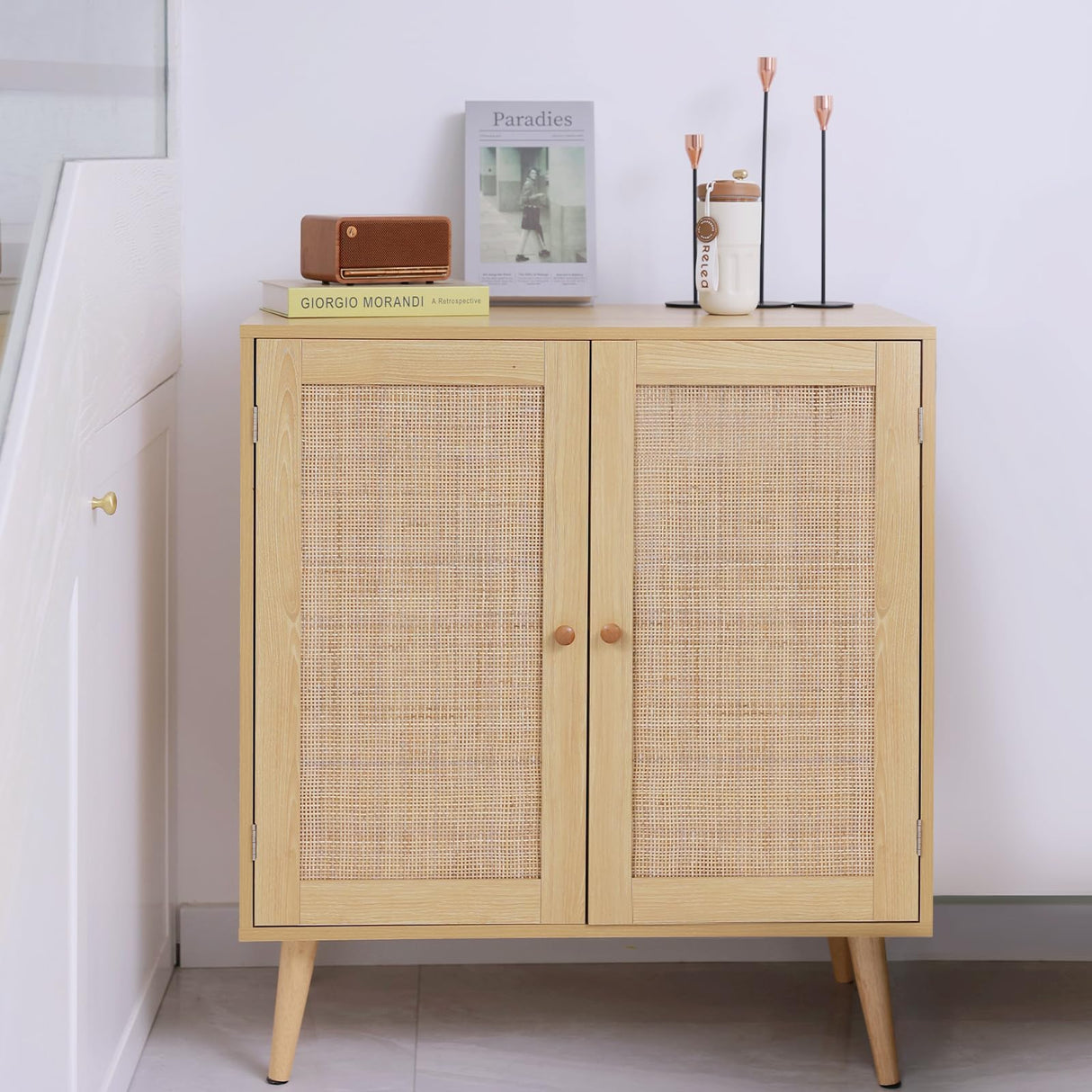 EOYUTLLY Sideboard Buffet Cabinet with Storage, Kitchen Storage Cabinet with Rattan Doors, Rattan Cabinet with Adjustable Shelves for Hallway, Living Room, 31.5 x 15.7 x 35 Natural, Assemble Easily EOYUTLLY