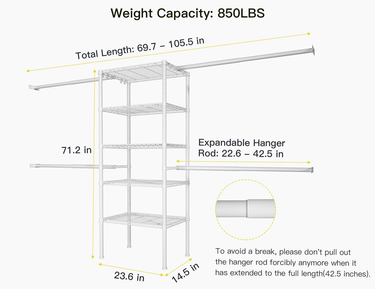 Ulif M2 Closet Organizer System, 5.9 Feet Height Mounted to the Wall Garment Rack with 4 Expandable Hanger Rods, 5 Shelves in 23.6" L x 14.5" W, Suit Total Space from 5.8-8.8 ft, White Ulif