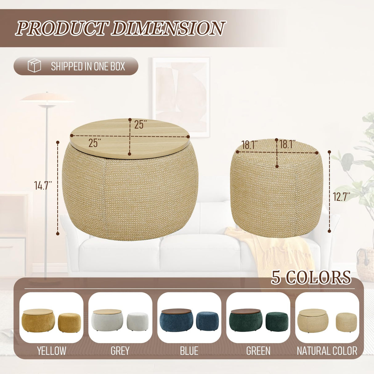 Round Ottoman with Storage Set of 2, 25" Large Upholstered Storage Ottoman Set Coffee Table with Removable Wood Tray, Modern Circle Foot Stool Padded Bench Ottomans for Living Room (Natural) TTK