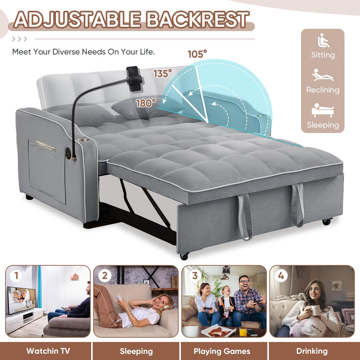 Sleeper Sofa Couch Bed with USB & Type C Port, Modern 3-in-1 Convertible Velvet Pull Out Loveseat Futon Sofa w/Phone Holder/Cup Holder for Living Room Apartment, Adjustable Backrest, Light Grey Antetek