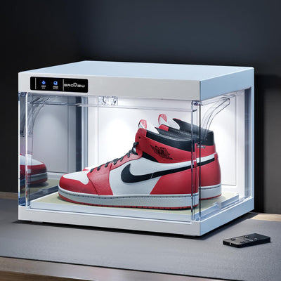 BROVIEW Smart Shoe Display Box with Led Lights, Clear Plastic Stackable Shoe Storage Box, Auto-Opening Shoe Organizer Sneaker Case, Remote Control LED Shoe Boxes, Collection Crate, 1 Pack White